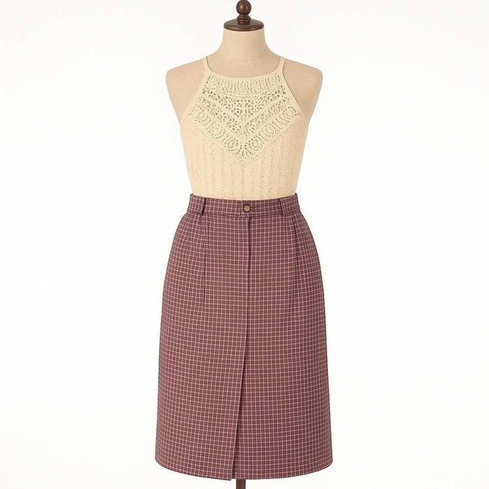 Karen Scott Purple Tan Skirt Womens 12 Check Plaid Front Vent Career Wear
